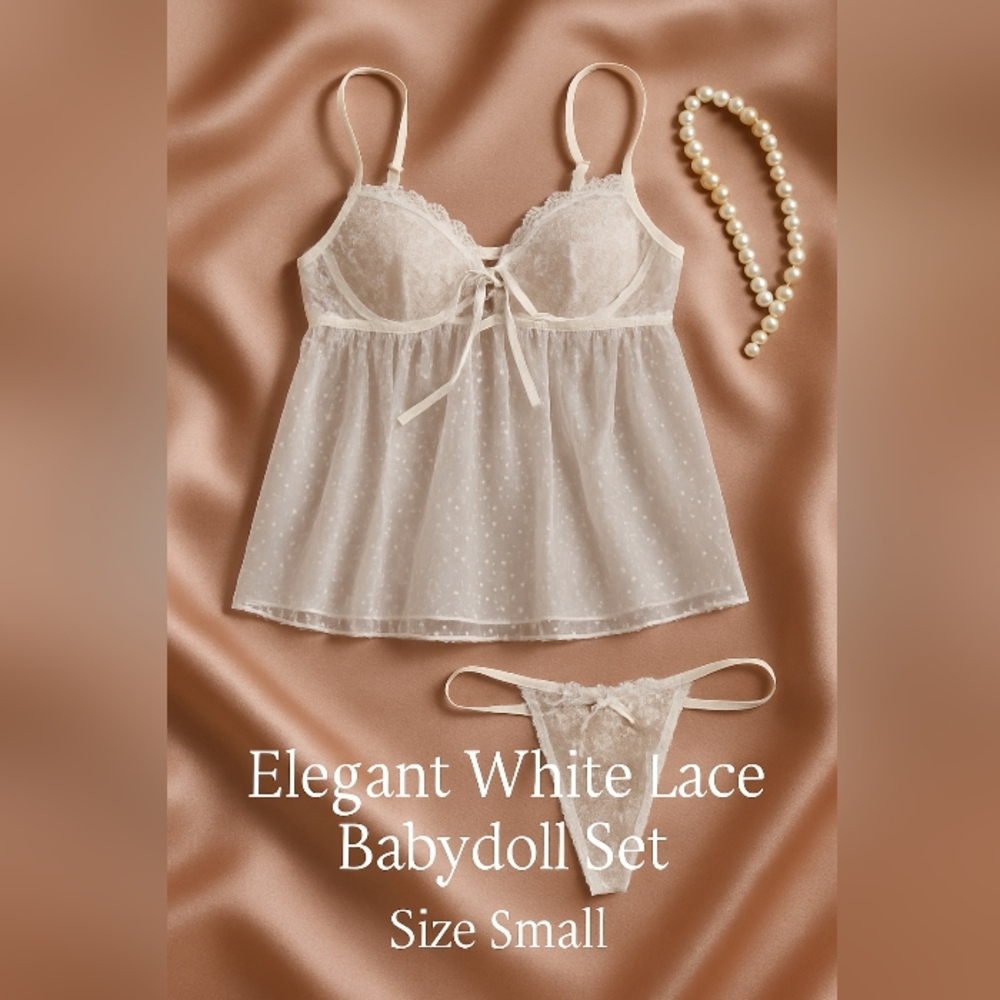 Mayela Elegant White Lace Babydoll Set, Size: S